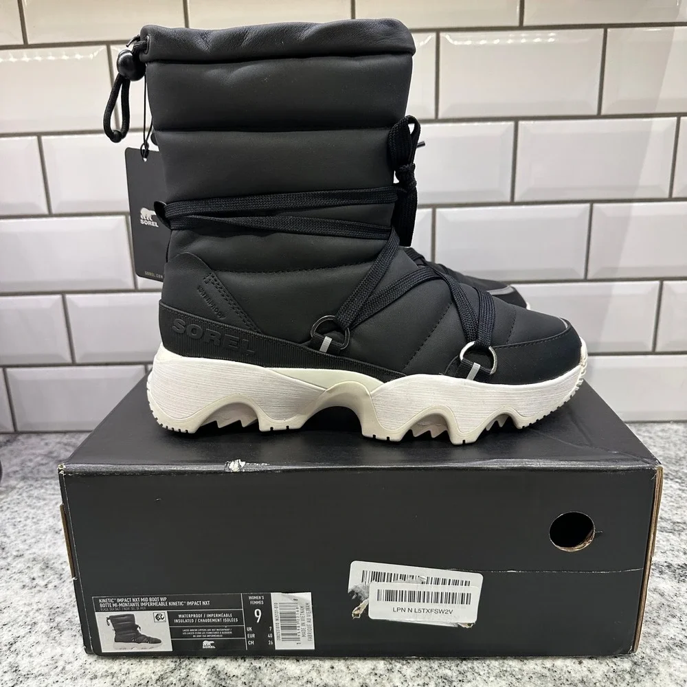 Sorel Women 9 Kinetic Impact NXT Mid Boot Black Waterproof Insulated Puffer Tech